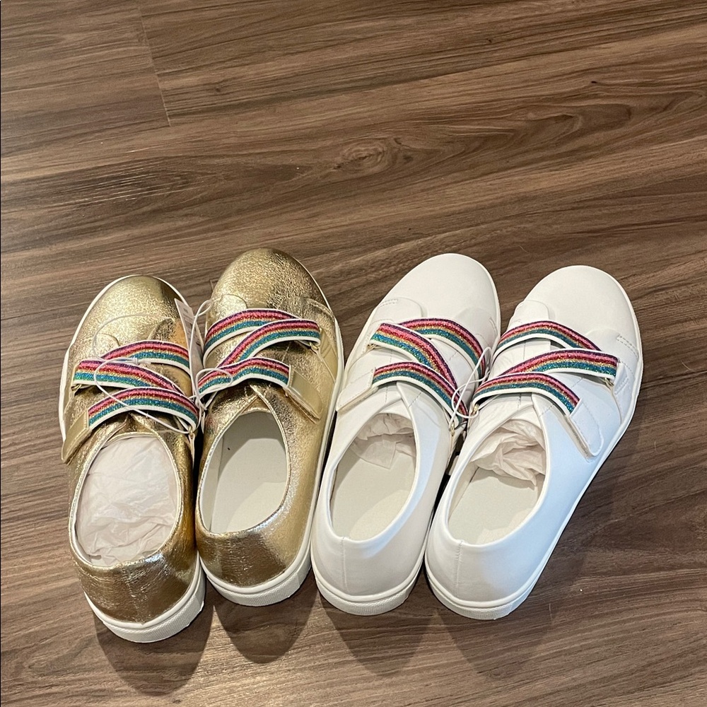 Girls size 6, white and gold gold sneakers with rainbow Velcro laces